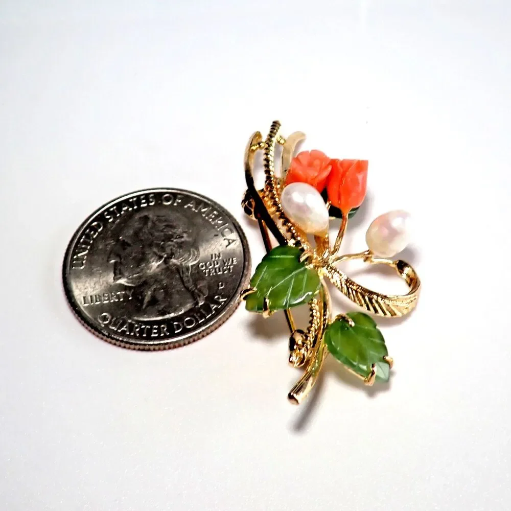 Pink Coral Pearls & Green Jade Leaves Brooch Floral Spray Faux Fashion VTG Pin